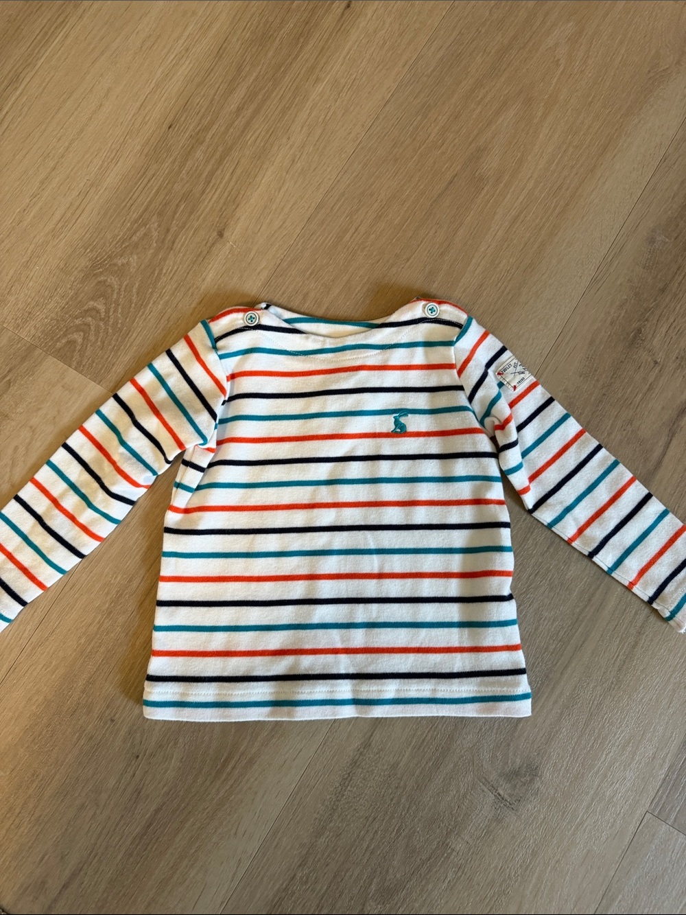 Joules White Long-Sleeve Tee with Navy, Teal & Orange Stripes